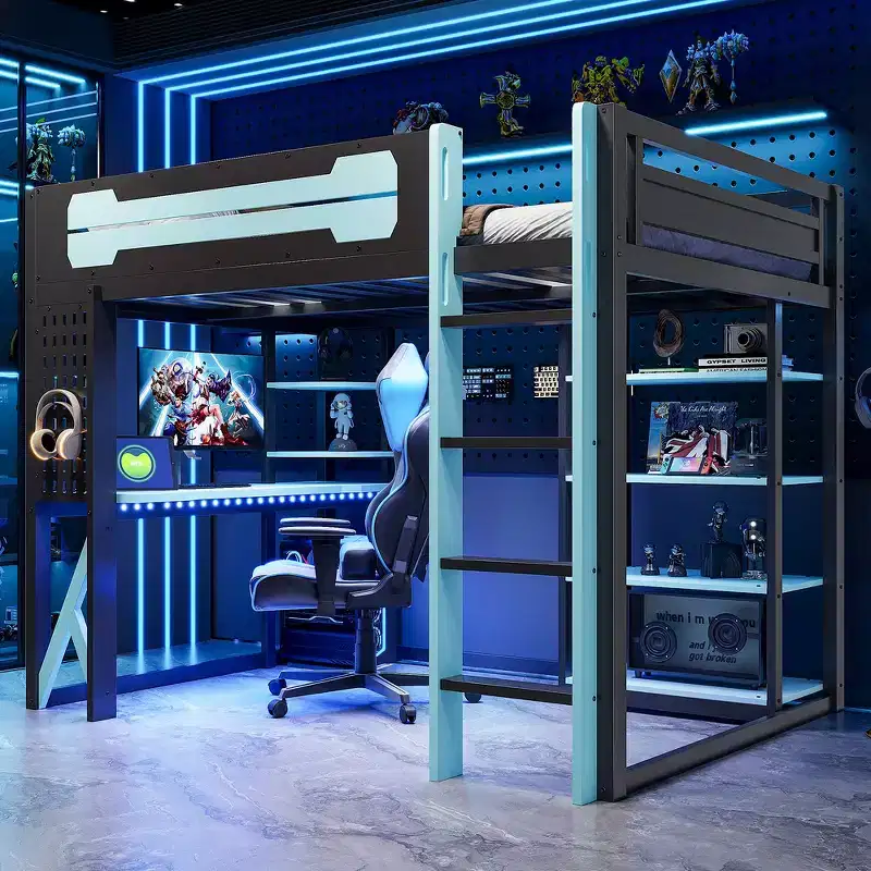 Whisen Full Wood Loft Bed Frame with Desk, Shelves, Power Outlet & USB/Type-C Ports