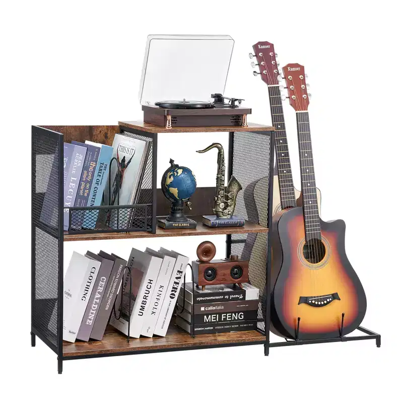 VEVOR 3-Tier Record Player Stand with Guitar Holder, Turntable Stand with Storage Holds Up to 300 Albums, Vinyl Record Cabinet with Metal Mesh Frame