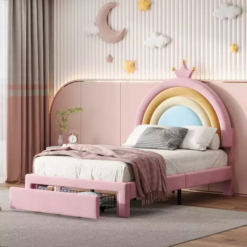 Twin Velvet Rainbow Princess Platform Bed with Storage Drawer