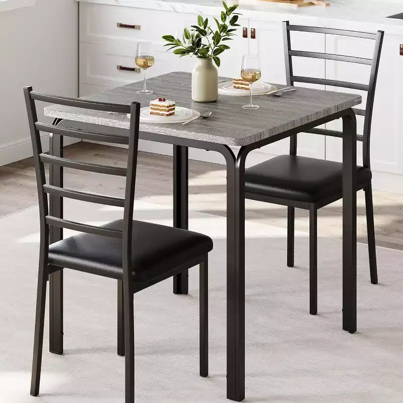 Compact three-piece double dining table and chair set, space-saving dining table with upholstered chairs for small spaces, breakfast nooks