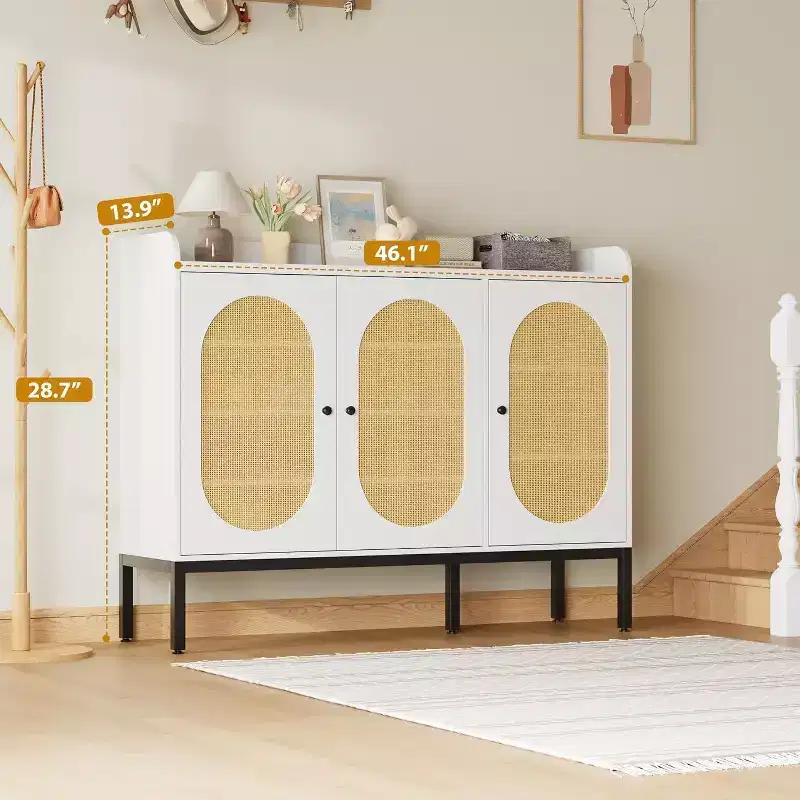Rattan closet with 3 Doors, Shoe Storage Organizer with Adjustable Shelves, 7-tire Non-Embedded Storage Closet for Entrance, Hallway, Living Room
