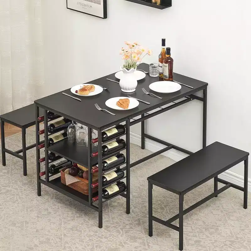 Whizmax Dining Table Set for 4, Kitchen Table Set for 4 with 2 Benches, Rectangular Dining Room Table Set with Wine Rack for Small Space Apartment
