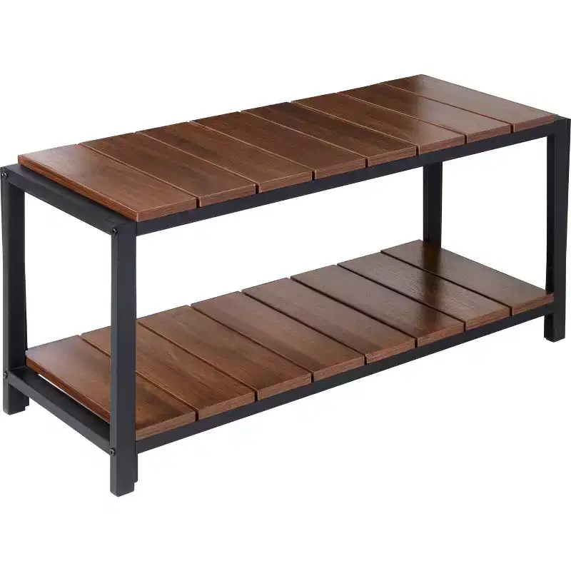 2 Tier Shoe Storage Bench Walnut: Shoe Rack Bench, Holds 8 Pairs, Ground Freestanding, Particle Board Frame