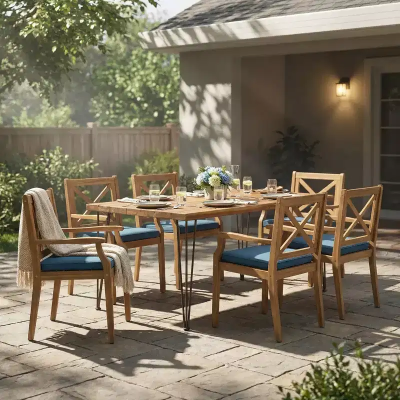 Christopher Knight Home Perla Rustic 7 Piece Patio Acacia Wood Dining Set with Cushions