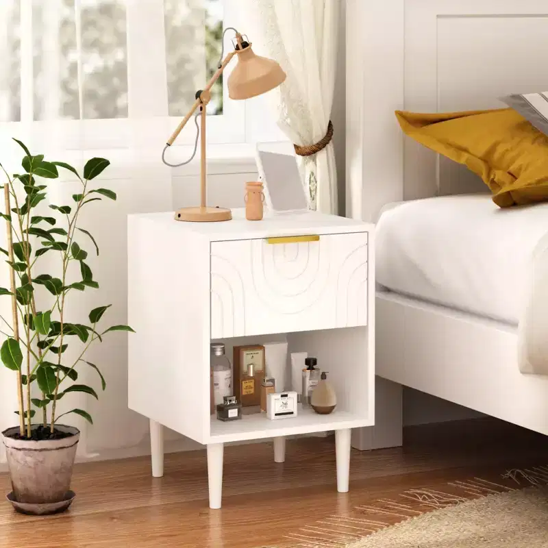 Modern Nightstand Wood White Nightstand End Table Accent Table Side Table with Drawer & Shelf - ModernLuxe