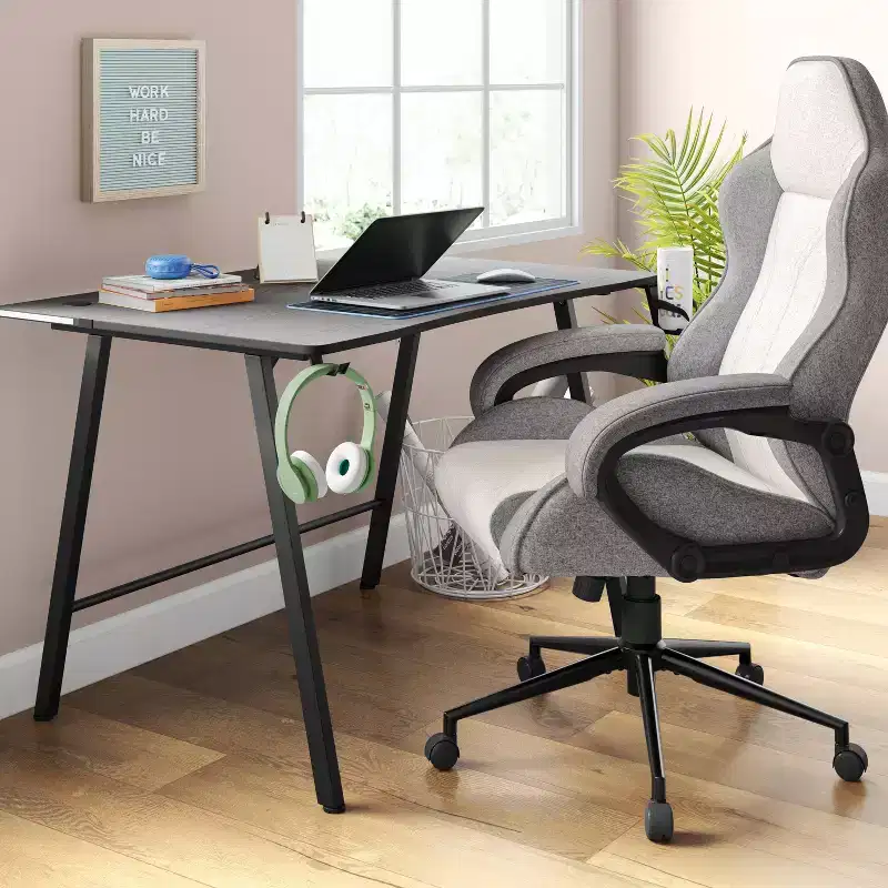 Swivel Gaming Chair Gray Upholstered Computer Desk Chair Adjustable Fixed Arms