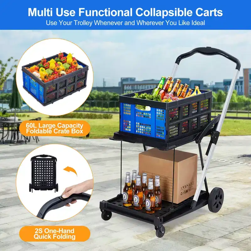 2 Tier Collapsible Shopping Cart On Wheels