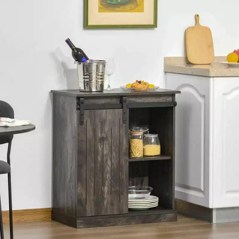 Industrial Sideboard Storage Cabinet with Sliding Barn Door and 6-Bottle Wine Rack