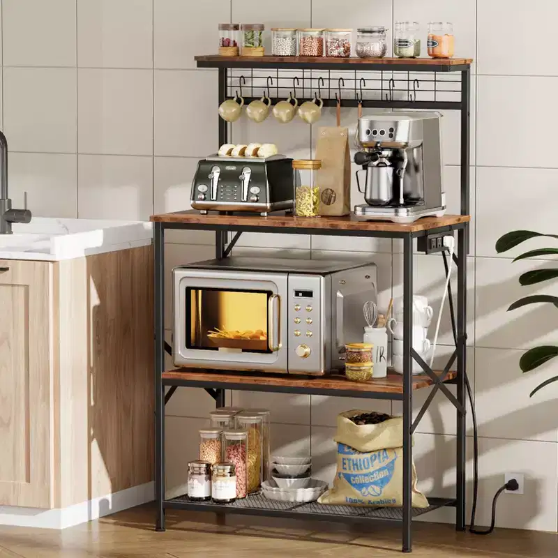 Qwatto Kitchen Bakers Rack with Power Outlets 31.5 -inch Coffee Bar Station 4 Tier Microwave Stand Storage Shelf with S Hooks Brown Utility Table