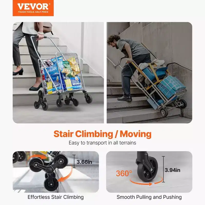 VIYET 45L Stair Climbing Storage Cart, 360 Swivel Wheels, Tri-Wheels, Foldable Collapsible Lightweight Utility Cart for Laundry Travel, Silver