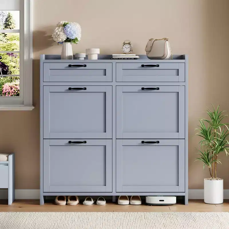 Shoe Cabinet, Shoe Storage Cabinet  4 Flip Drawers & 2 Top Drawers, Wooden Organizer with Adjustable Shelf, Freestanding Hidden Storage