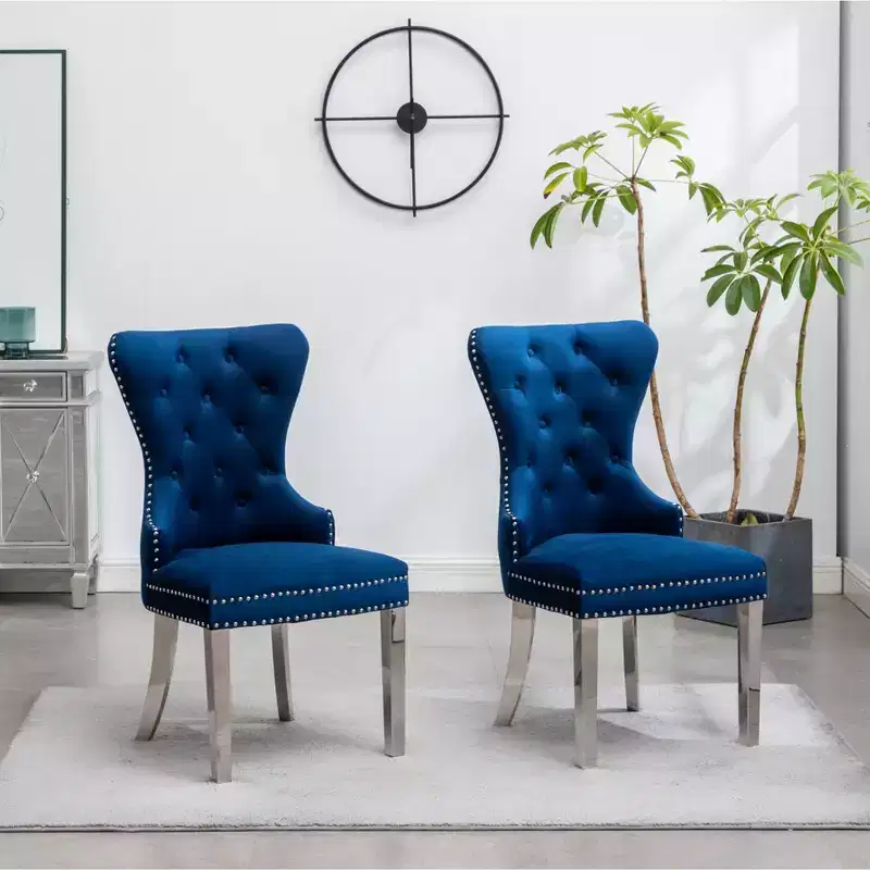 Roundhill Furniture Montura Contemporary Tufted Velvet Chair with Nailhead Trim, Set of 2, Blue