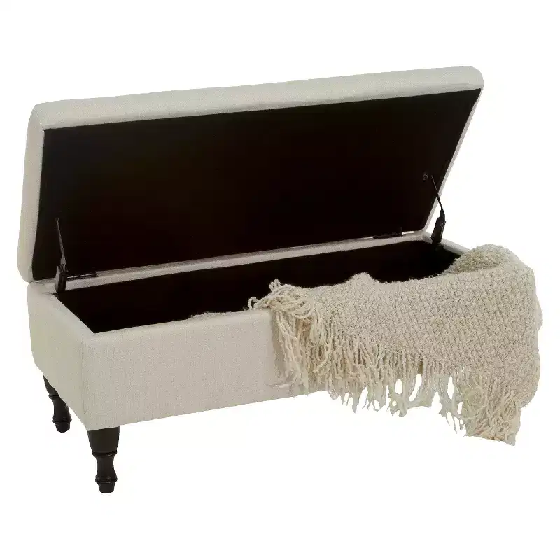 Fabric Storage Ottoman Tufted with Hinged Lid and Dark Wood Legs
