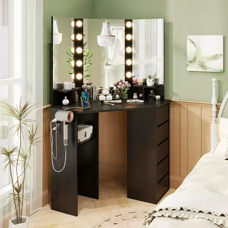 Corner Vanity with 3-Color Adjustable Mirror, Vanity Desk with Power Outlet, Makeup Table with Ample Storage for Living Room Corner