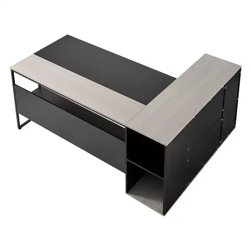 VEVOR L-Shaped Executive Desk, Large Modern Office Table with Drawers & Storage Cabinet&CPU Stand, 350 LBS Load Capacity, Black&Brown