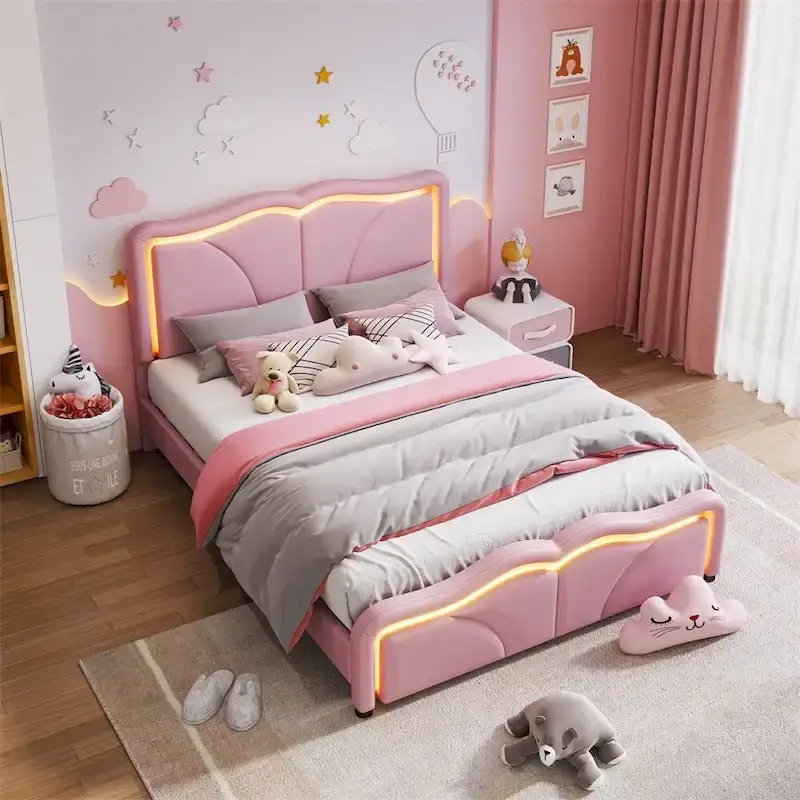 Full Size LED Upholstered Platform Bed with Adjustable Headboard