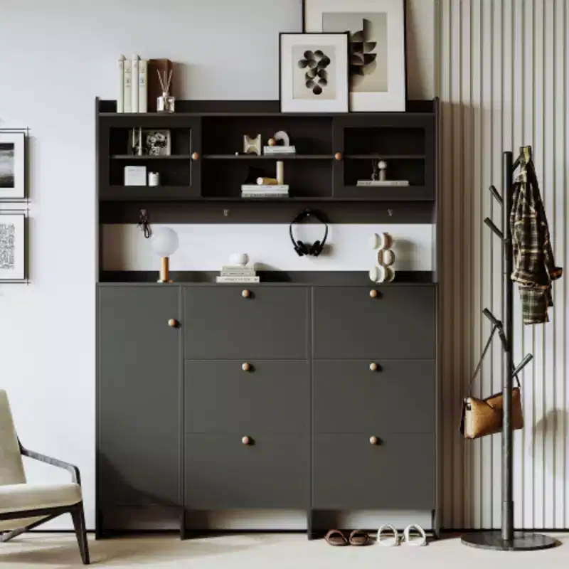 Six-Drawer Hall Tree with Tipping Buckets, Glass Doors, and 4 Hooks - Foyer Storage for Hallway