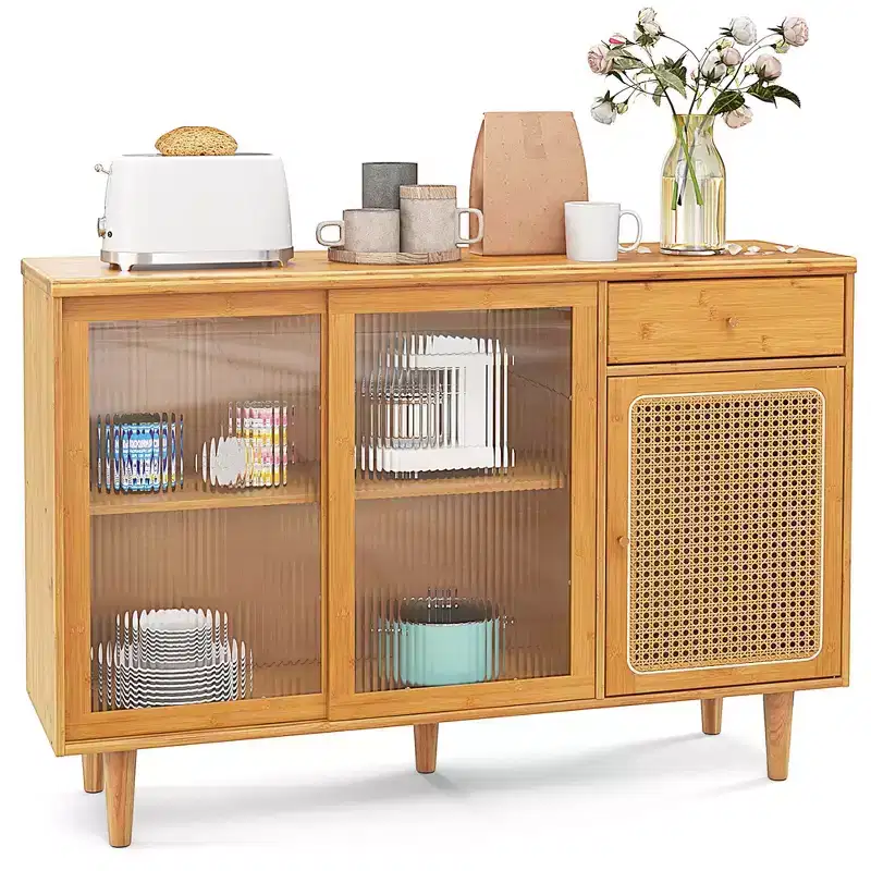 Bamboo Rattan Buffet Sideboard Cabinet with Sliding Doors