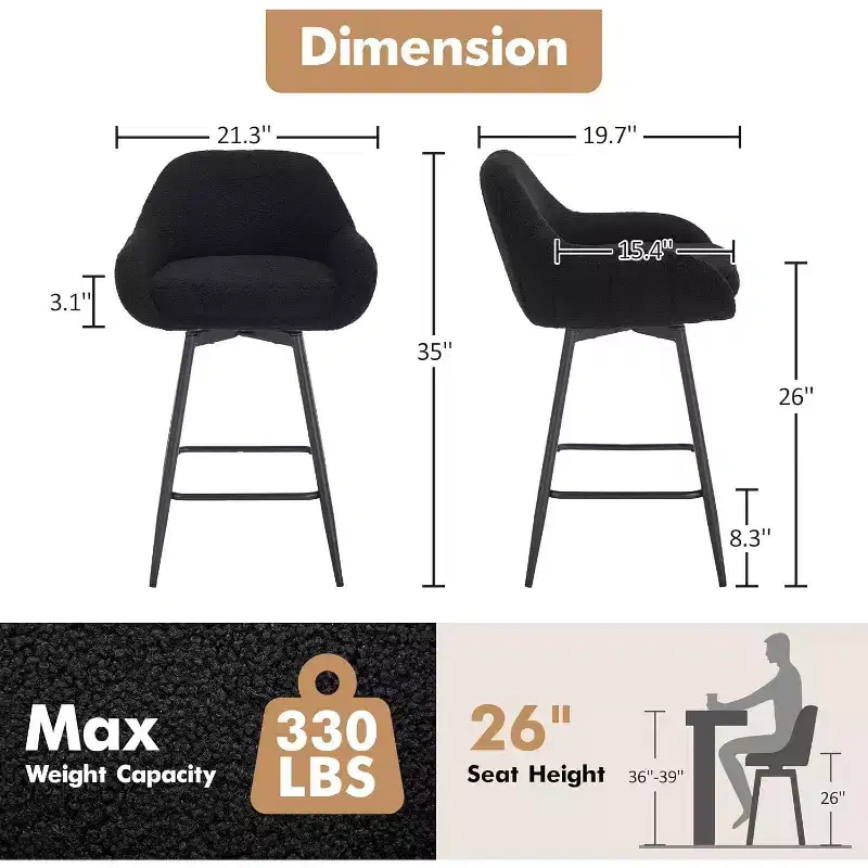 Swivel Counter Stools Set of 2, 26 Counter Bar Stool, Low Backs and Metal Legs, Easy to Assembly, for Bar, Kitchen Island
