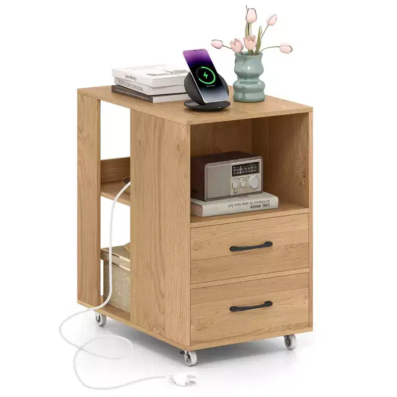 End Table w/Built-in Charging Station USB Ports & Outlets 2 Drawers & 3 Shelves Natural
