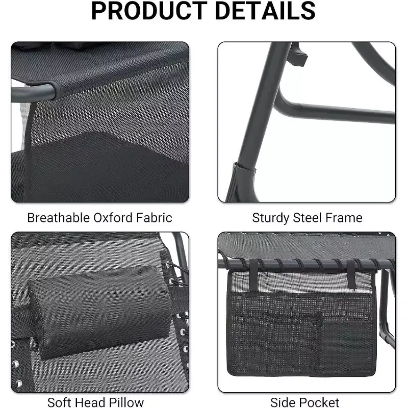 MooxvMoo 2PCS Tanning Chair with Face Hole, Folding Beach Chaise Lounge Chair with Carrying Handle, Side Pocket, 5-Position Adjustable, Black