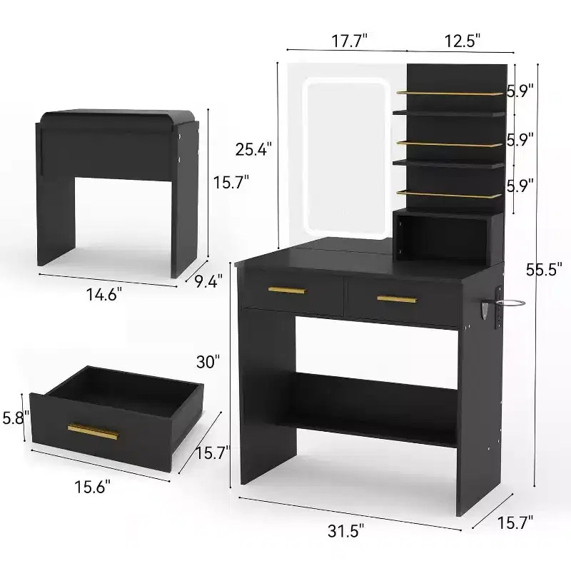 Vanity Desk Table with Lighted Mirror ,Makeup Vanity with Power Outlet 3 Colors Lighting Adjustable Brightness Vanity Table for Women