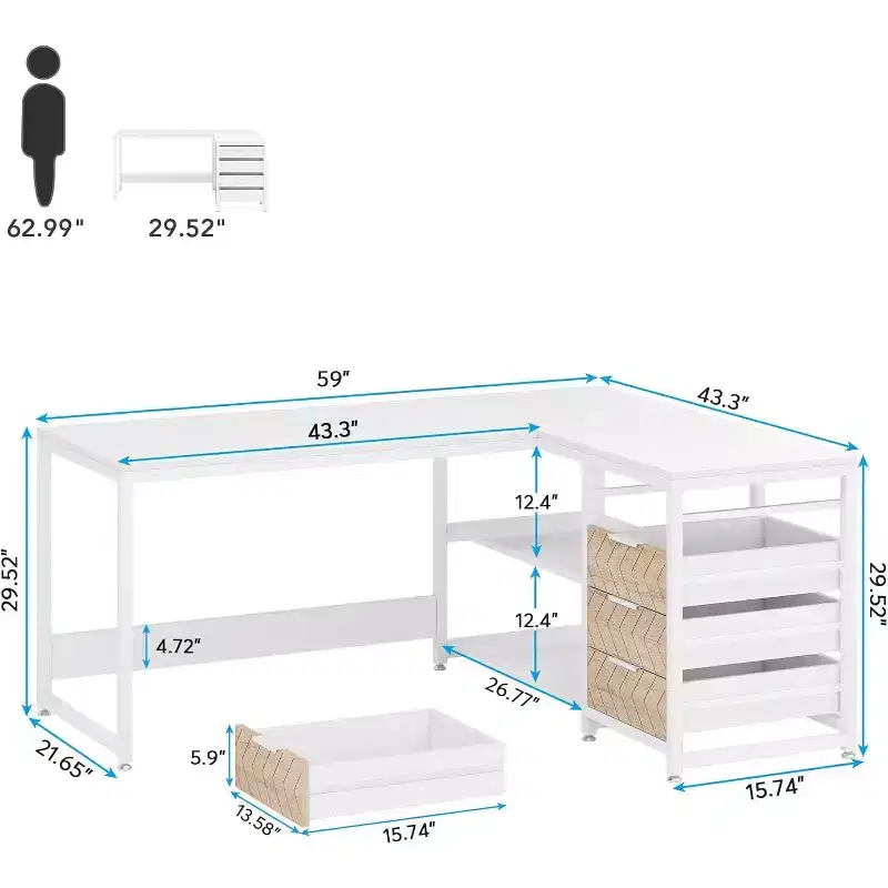 59-Inch L-Shaped Computer Desk with Storage Drawers and Shelves, Reversible Corner Desk for Home Office, White