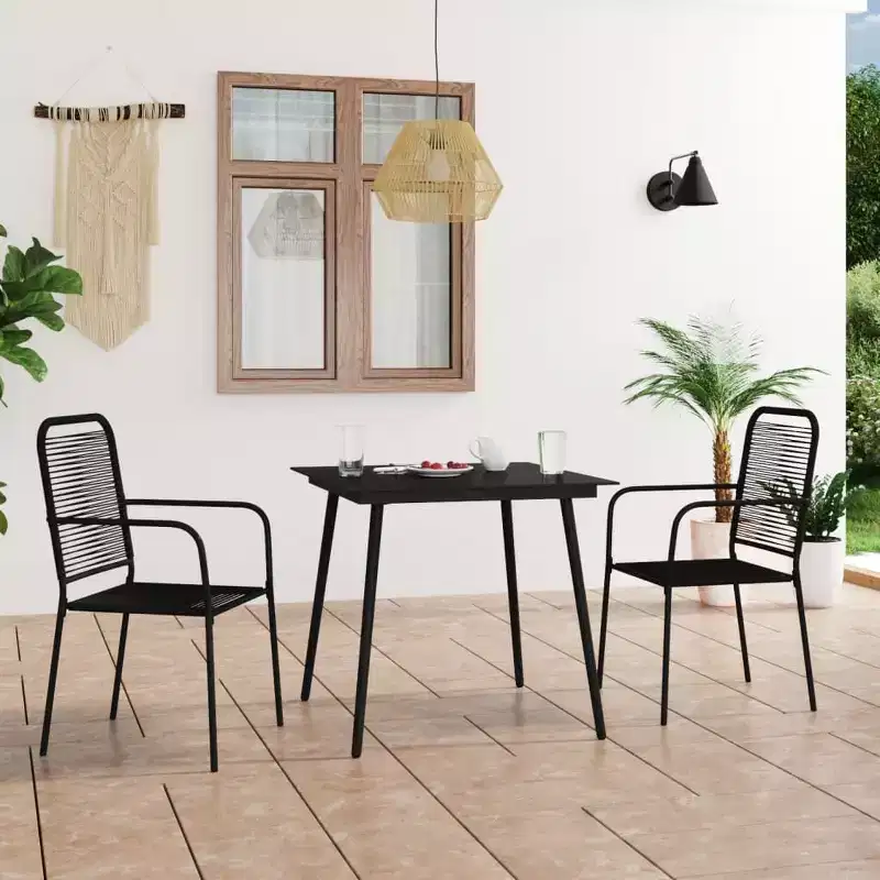 vidaXL Dining Set Black Cotton rope, powder-coated steel, tempered glass