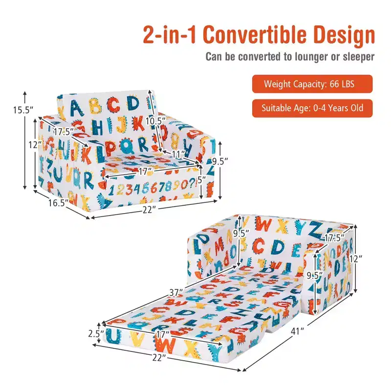 Costway 2 in 1 Kids Convertible Sofa Children Flip-out Chair Lounger Couch Sleeper
