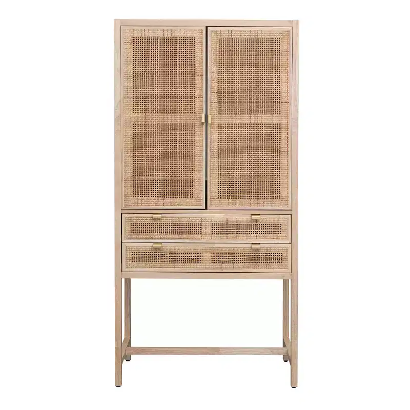 Storied Home Nero 67" Tall Decorative Storage Cabinet Natural: Beechwood & MDF, Fixed Shelf, 2 Drawers