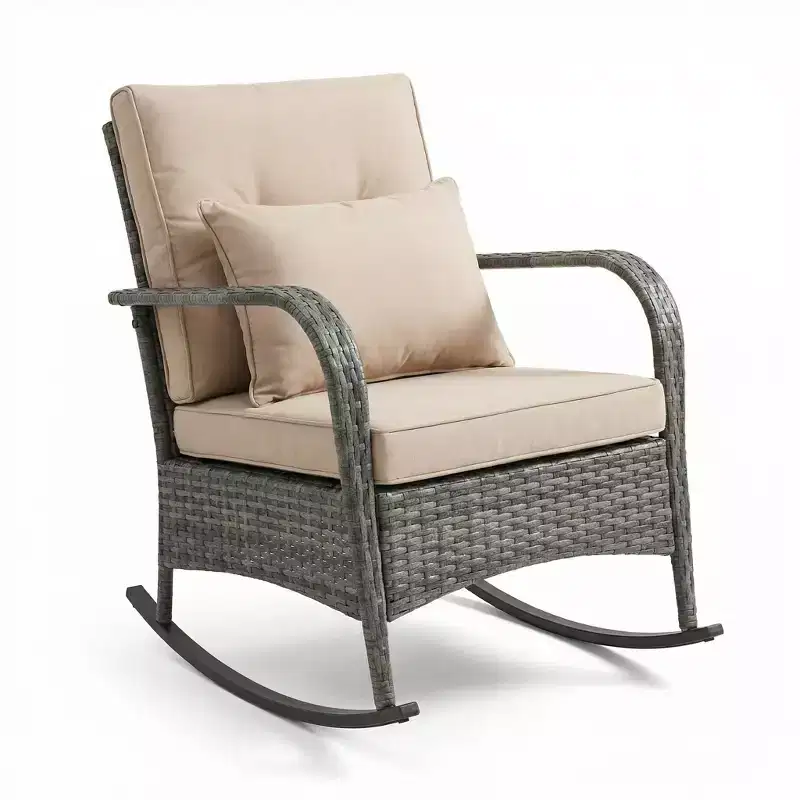 Outdoor Rocking Chair, Patio Rattan Rocker Chair with Cushions & Steel Frame for Garden, Porch, Backyard, Poolside