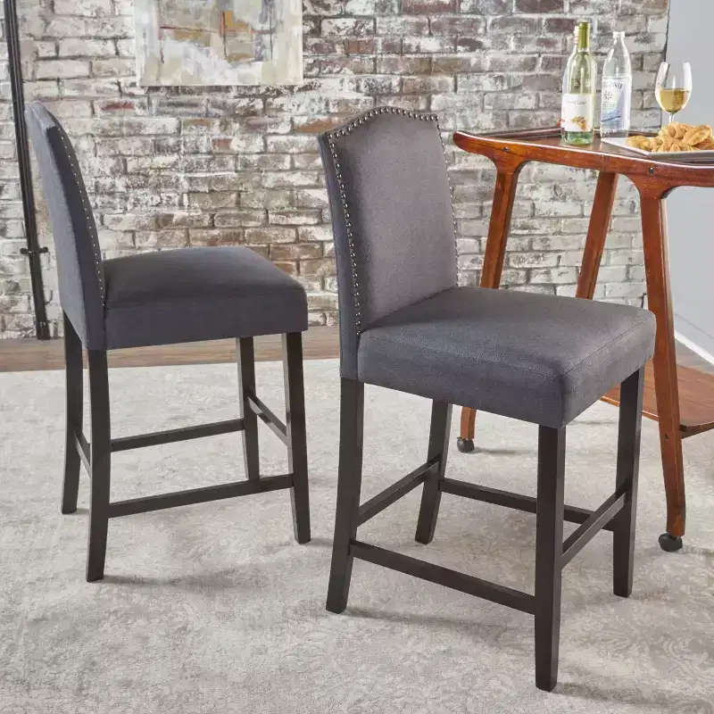 Set of 2 Upholstered Bar Stools Counter Stools Dining Chairs Pub Kitchen Stools with Nailhead Trim, Vintage&Antique, Gray/Brown-ModernLuxe