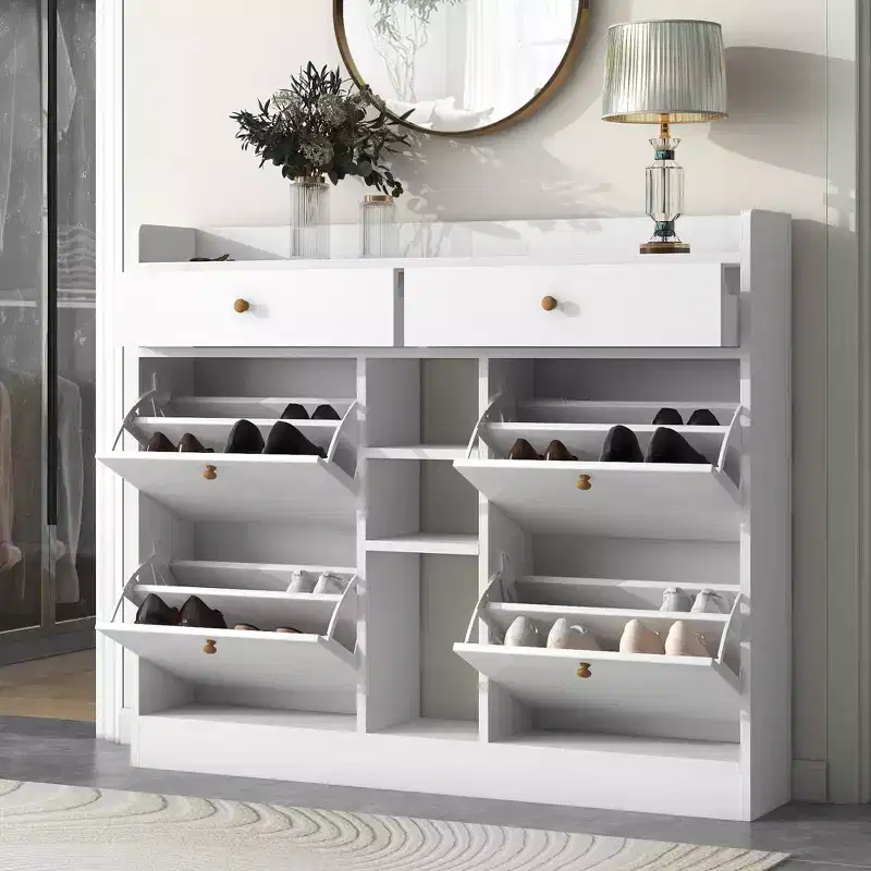 JVNOXK Modern Flip-Top Shoe Cabinet with 4 Flip-Drawers, Multi-Functional Freestanding Double-Layer Shoe Rack, for Entryway Hallway, White