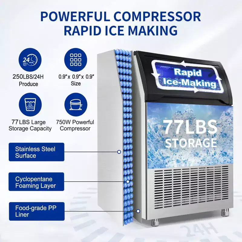 Denjol Commercial 90-Cube Ice Maker with LCD Display - 250 lbs/24H, Energy Efficient, Stainless Steel Construction