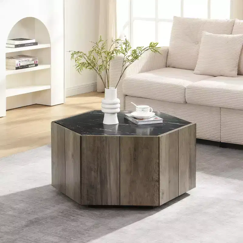 Faux Marble Top Hexagon Coffee Table with Hidden Storage Drawers
