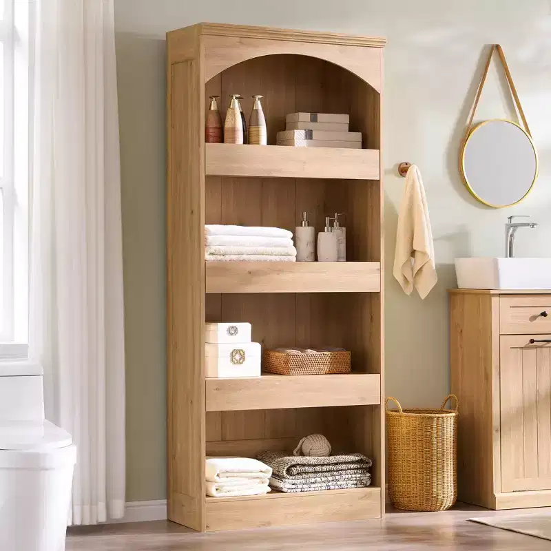 76 Tall Arched Bathroom Storage Cabinet, 4-Tier Wood Storage with Magnetic-Lock Bottom Drawer & 3 Hidden Drawers for Bathroom, Laundry