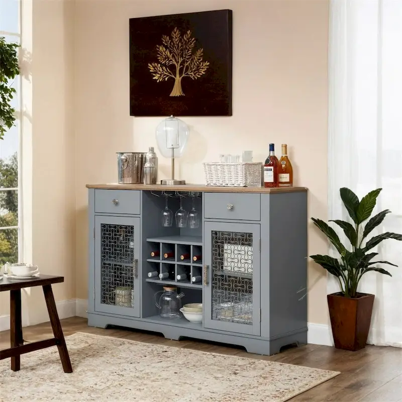 Light Blue 2-Door Buffet Sideboard with Drawers, Glass Racks & Cable Management