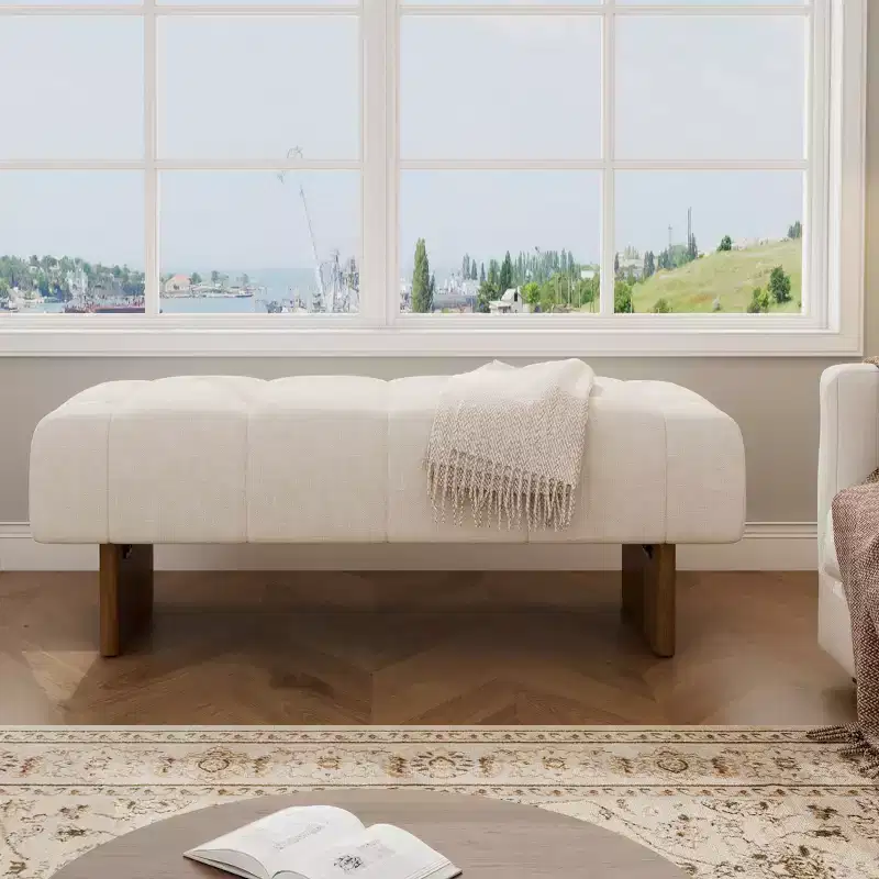 Christopher Knight Home Korin Modern Rubberwood Linen Upholstered Tufted Bench