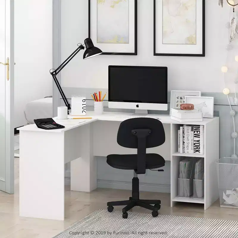 L-Shaped Computer Desk with Open Bookshelves, White