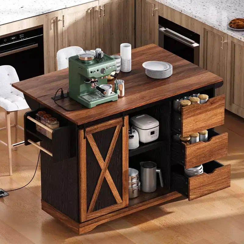 Whisen 55.5 Farmhouse Kitchen Island with Drop Leaf, Barn Door & Charging, Rolling Design