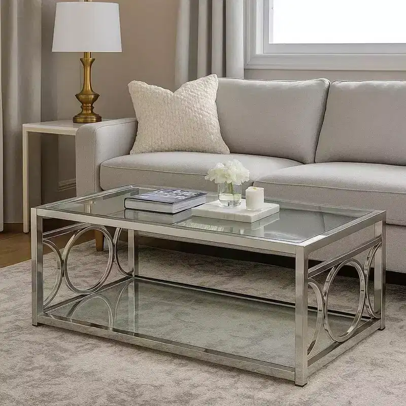 47 Inch Coffee Table, Glass Top, Mirrored Bottom Shelf, Metal Accents