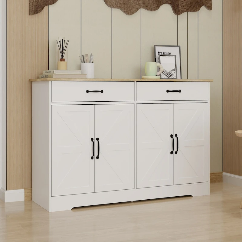 47.95 Farmhouse Buffet Cabinet Storage Sideboard with 2 Drawers and 4 Doors for Dining Living Room Kitchen Cupboard-White