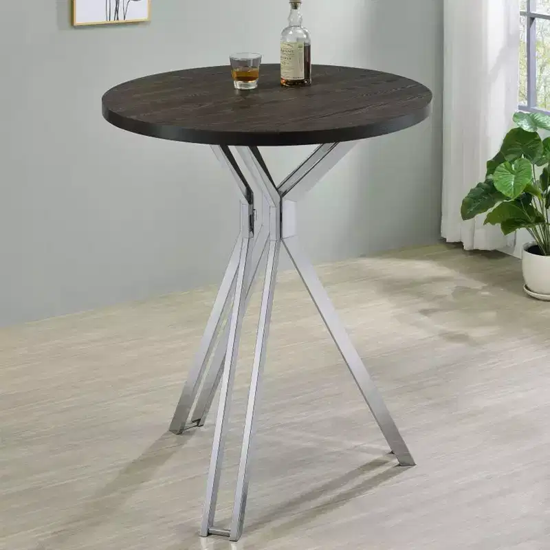 Simple Relax Wood and Metal Bar Table with Round Top in Dark Oak and Chrome