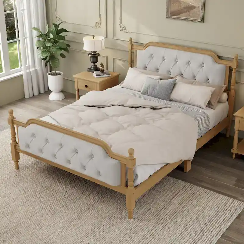 Solid Wood Bed Frame with Upholstered Tufted Headboard – No Box Spring Needed