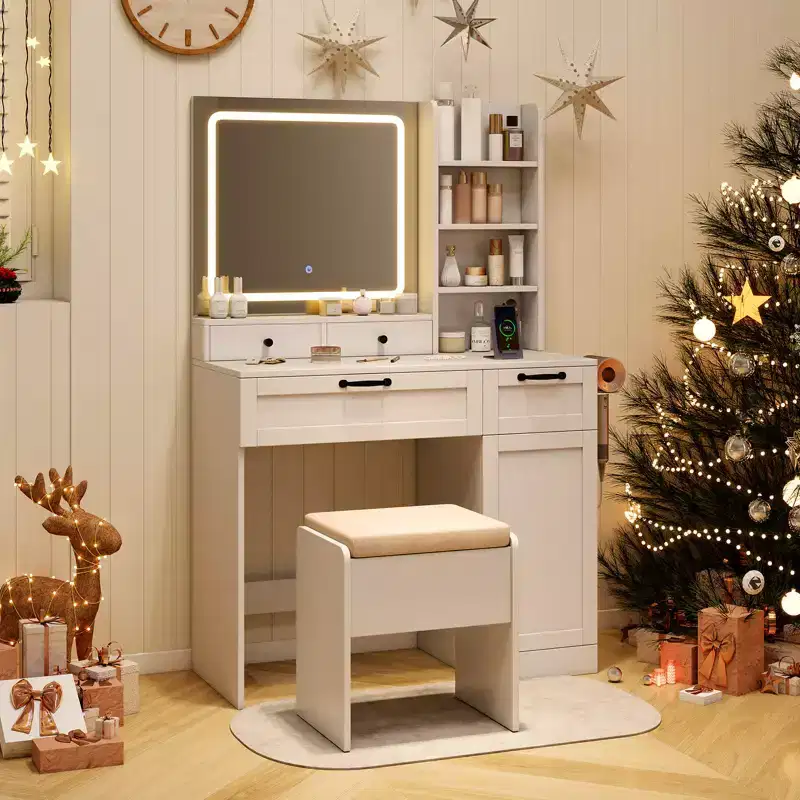 Costway Vanity Set w/Cushioned Stool Makeup Table w/Adjustable Lighting Mode Brightness