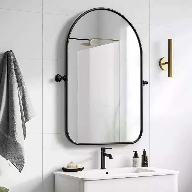 Black Rotatable Wall Mirror with Round Corner Arch-shaped Design, Iron Art Hardware