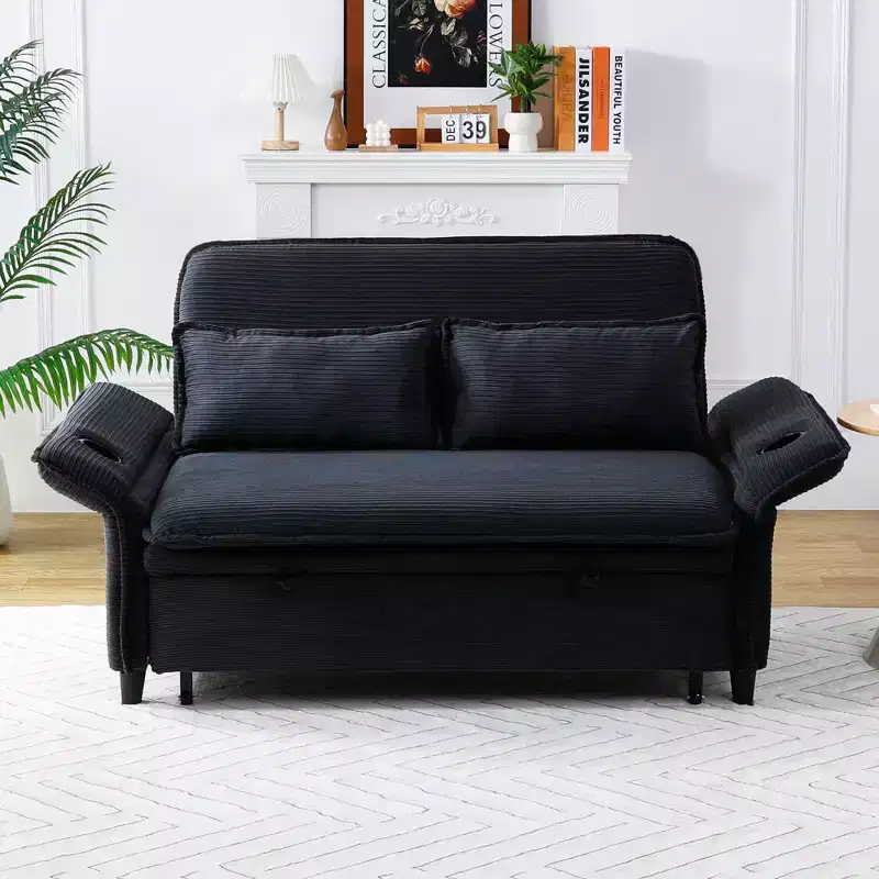 Black Letter Striped Fabric Loveseat Sofa Bed