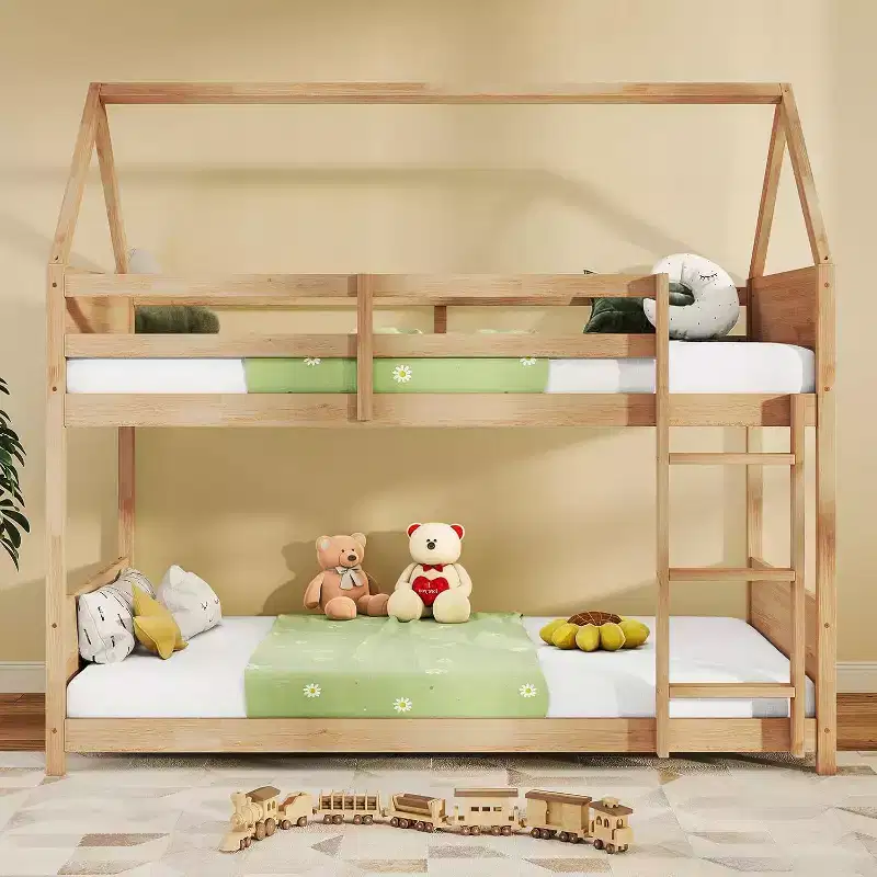 Twin over Twin House Floor Bunk Bed for Kids with Ladder, Full-Length Bed Rail and Slats, White Oak