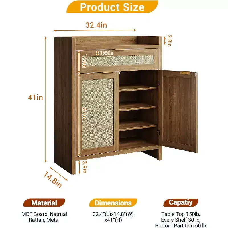 GustoWave Farmhouse Rattan Shoe Cabinet with Storage for Entryway Living Room Closet Hallway