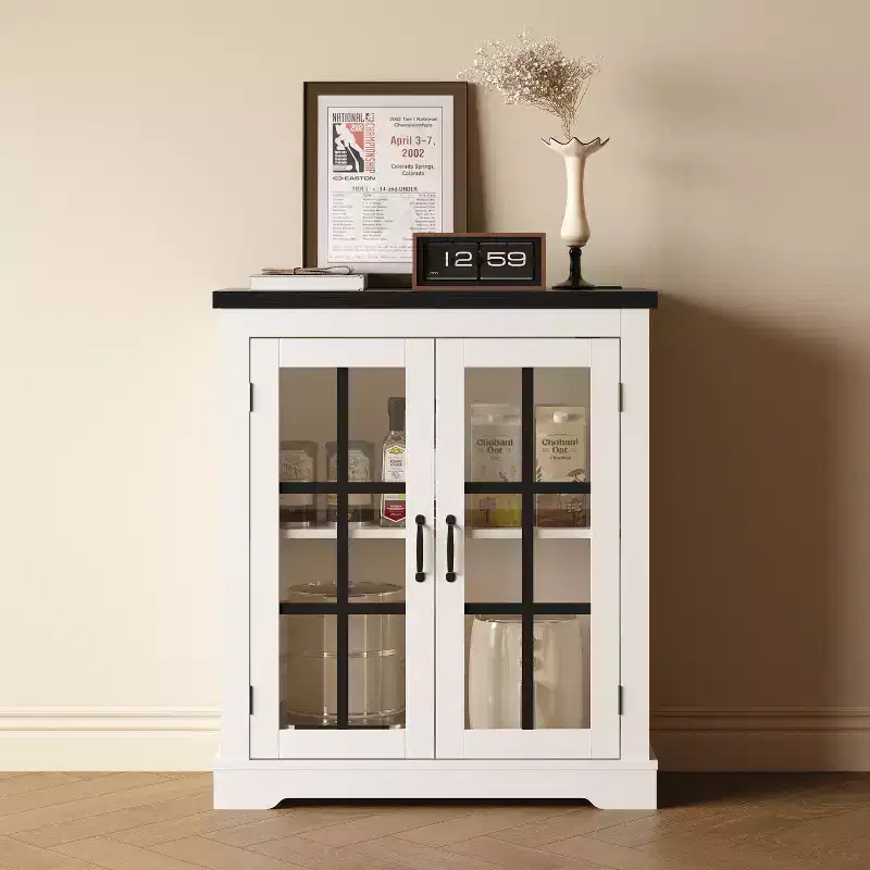 Modern Multifunctional Sideboard with Cross Design Glass Door Built-in Power Outlet Storage Buffet Cabinet for Living Dining Room